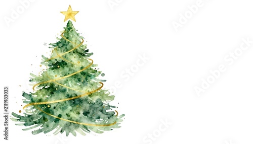 Elegant watercolor Christmas tree with golden ribbon and star topper