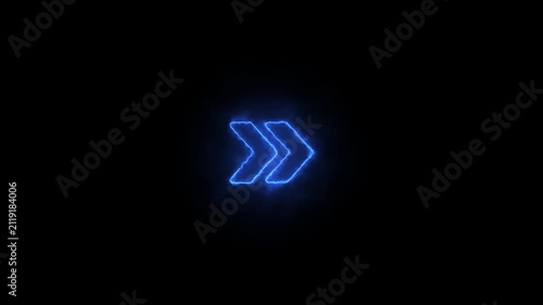 Neon blue glowing double arrow sign animation on black background, for digital interface, and ui