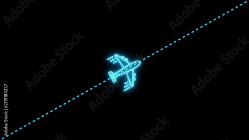 Neon airplane flying along dotted flight path animation on black background, travel aviation