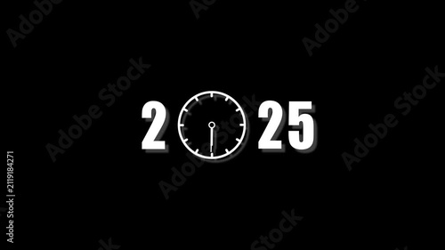 2025 new year countdown clock animation with moving hands on black background, time