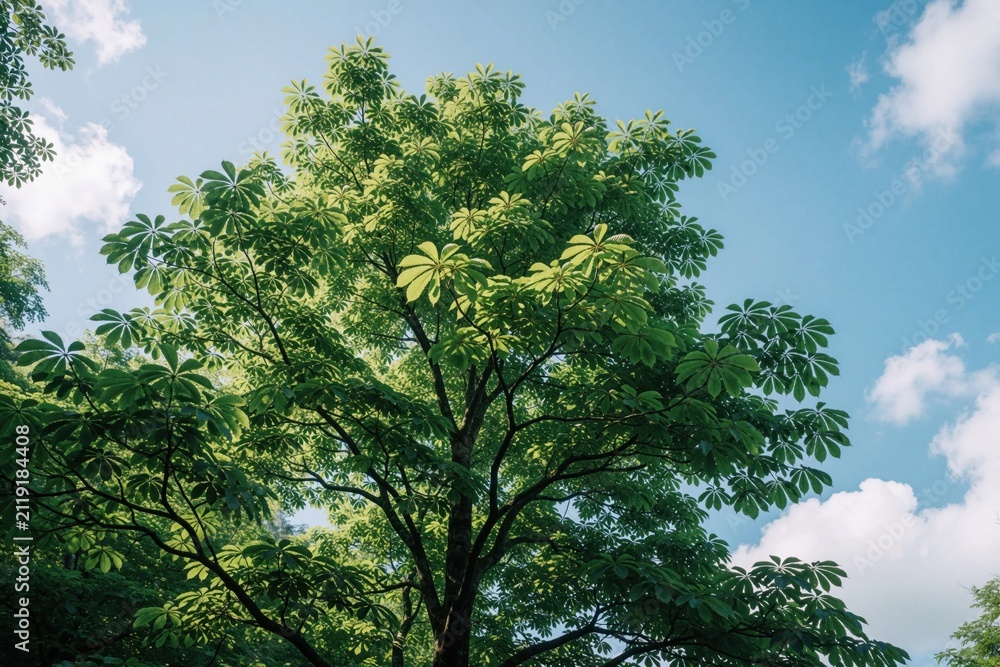 Fototapeta premium Lush green leaves of a large centennial chestnut tree reach towards a bright blue sky with white clouds. Sunlight filters through the branches creating dappled patterns on the foliage.