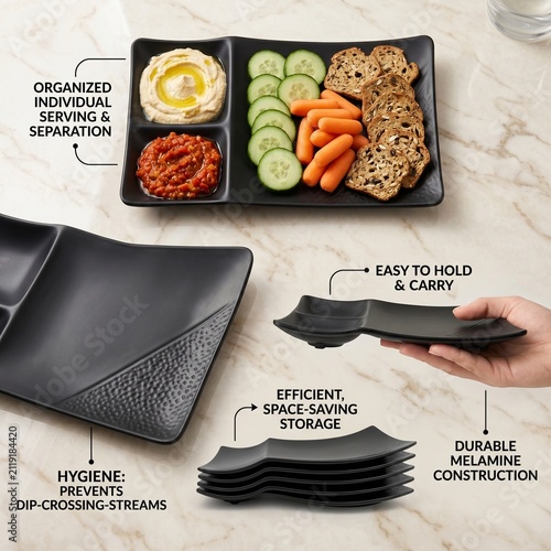 Black melamine compartment serving tray with healthy appetizer platter