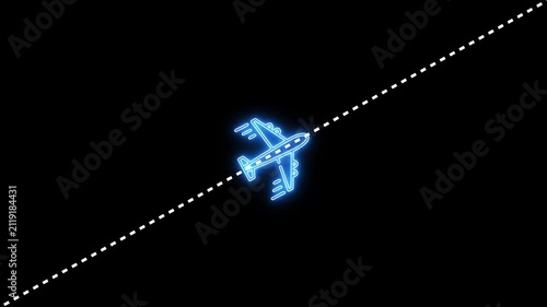 Neon airplane flying along dotted flight path animation on black background, travel aviation