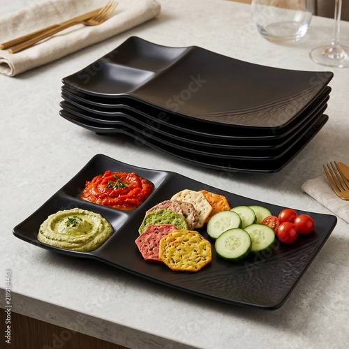 Black melamine compartment serving tray with healthy appetizer platter