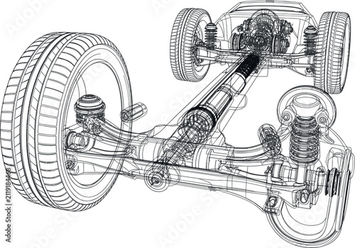 Car chassis wireframe vector illustration, automotive suspension drivetrain 3D CAD schematic blueprint engineering technical design