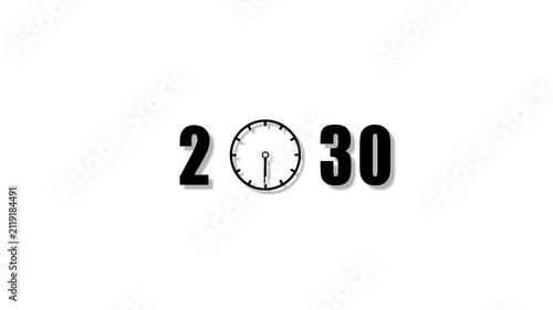 2030 year countdown concept with animated clock hands on white background, future time