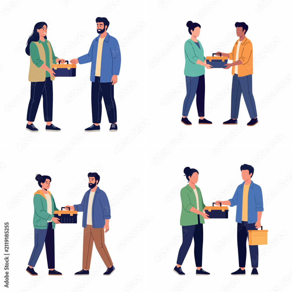 Obraz premium Flat vector illustrations of men and women sharing a toolbox, giving and receiving work equipment, isolated on white background.