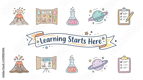 Fotografie Education Icons Collage: A charming collection of hand-drawn icons representing scientific discovery, data analysis, and academic progress, unified by a banner proclaiming Learning Starts Here