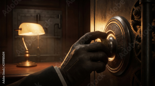 gloved hand of thief cracking combination lock on vintage metal safe with gears. dark moody room illuminated by classic banker lamp. bank robbery, wealth security concept. banner, website header.