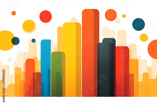 Vibrant abstract bar chart illustration, colorful geometric shapes, modern design for data visualization, web graphics, and presentations