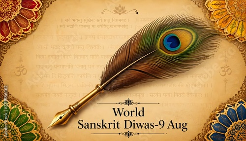 Sanskrit celebration with golden quill and floral rangoli pattern.