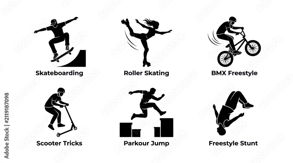 Fototapeta premium Action extreme sports silhouettes with descriptive labels.