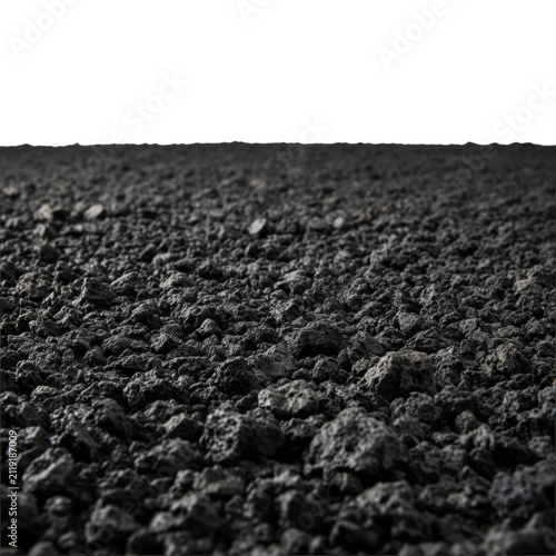 Low-angle macro view of dark volcanic basalt rocks, granular, porous, jagged, charcoal and black, on an infinite white background, soft lighting, minimalist geological permanence