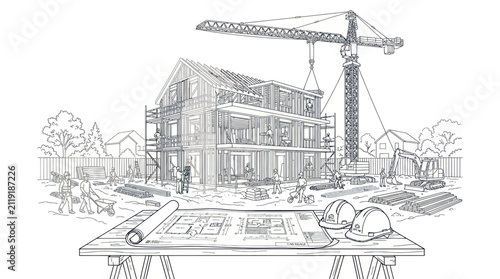 Architectural sketch of house under construction with blueprints.