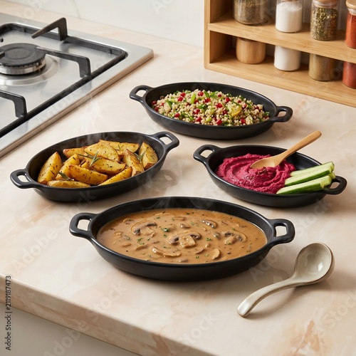 Black cast iron serving bowls with assorted dishes on modern kitchen countertop