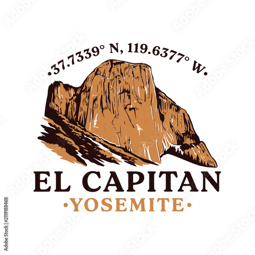 Foto El Capitan Yosemite Vintage style Vector Illustration With Geographic Coordinate