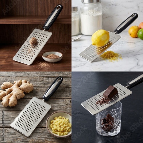 Stainless steel hand grater with ergonomic handle on dark background