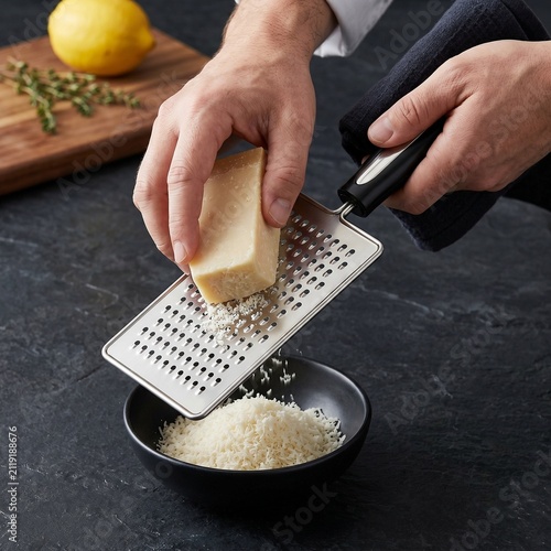 Stainless steel hand grater with ergonomic handle on dark background