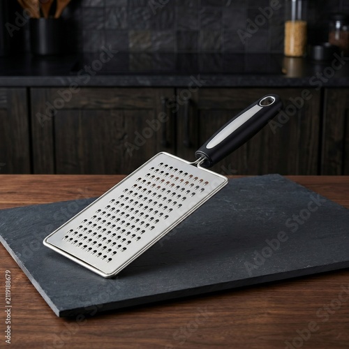 Stainless steel hand grater with ergonomic handle on dark background