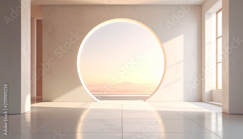 Minimalist interior architecture with a large circular window framing a serene sunset landscape view