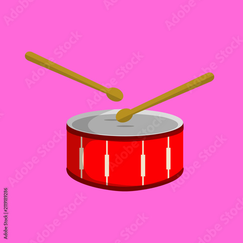 Flat vector illustration of a red snare drum with wooden drumsticks isolated on a pink background. Minimalist musical instrument icon for music design.