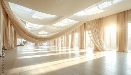 Luxurious open space interior with flowing ceiling drapes and bright natural sunlight streaming through large windows