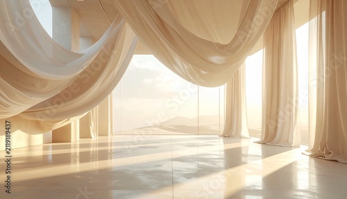 Minimalist abstract interior space with flowing beige fabric drapes and soft morning sunlight illuminating a polished floor