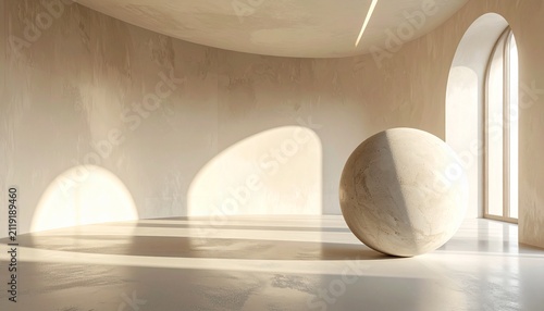 Minimalist architectural interior scene with marble sphere and sunlight arch shadows on neutral beige wall 3d render