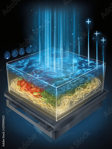 conceptual 3D illustration of a lunch menu assembly. A clear bento-style box shows a starter of fruit salad on the left and a main of tofu stir-fry with noodles on the right. Small digital plus 