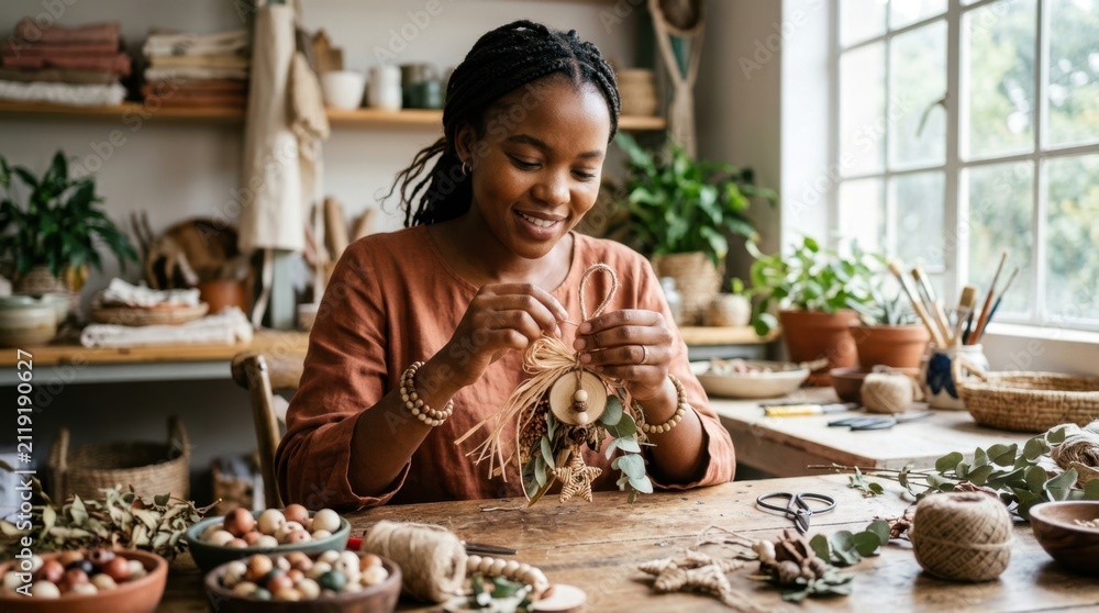 Obraz premium Woman crafting a rustic ornament with natural materials at a wooden table