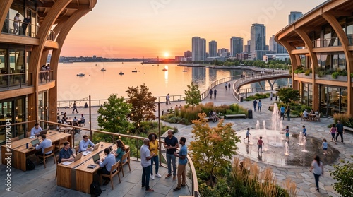Modern waterfront mixed use development with people socializing at sunset in a vibrant city.