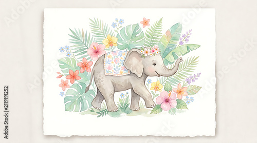 Charming watercolor painting of a cute baby elephant surrounded by vibrant tropical flowers and lush green leaves