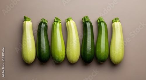 A row of fresh green and light green zucchini squashes arranged on a neutral background