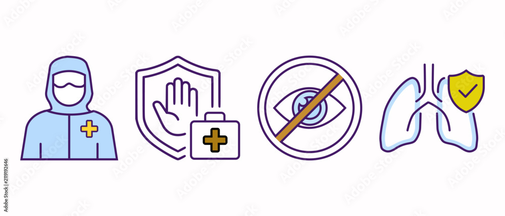Fototapeta premium Medical safety icons pack. Doctors, lungs, virus shield, eye protection. Violet vector illustration set for healthcare and disease prevention.