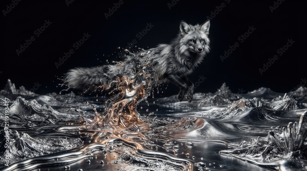 Fototapeta premium Fox emerging from a liquid silver surface