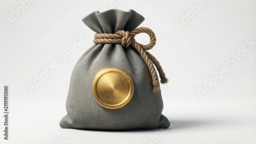 Gray fabric money bag with golden coin emblem