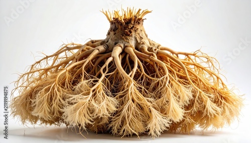 Intricate network of fibrous roots spreading outwards from a central bulb