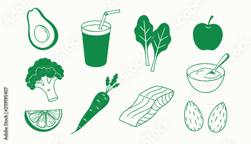 Healthy food elements hand drawn doodle set. monochrome design with fruits, vegetables, and superfoods