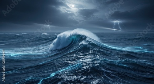 Dramatic Ocean Storm with Crashing Wave, Lightning, and Moonlit Sky
