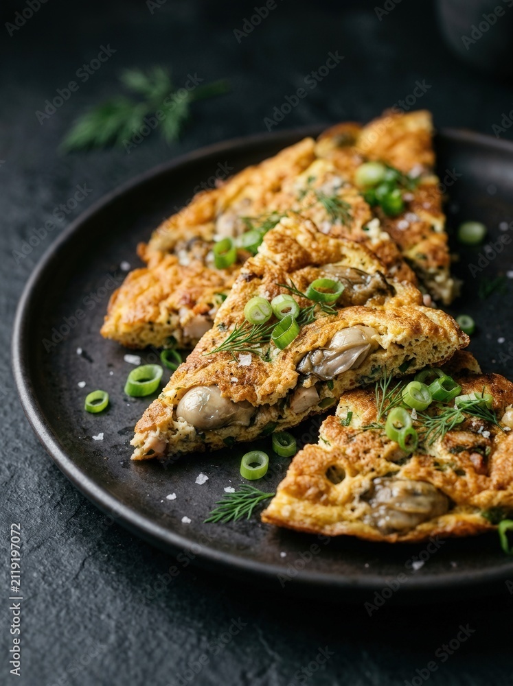 Fototapeta premium Oyster Omelette on black plate. Asian street food dish with eggs and fresh herbs.