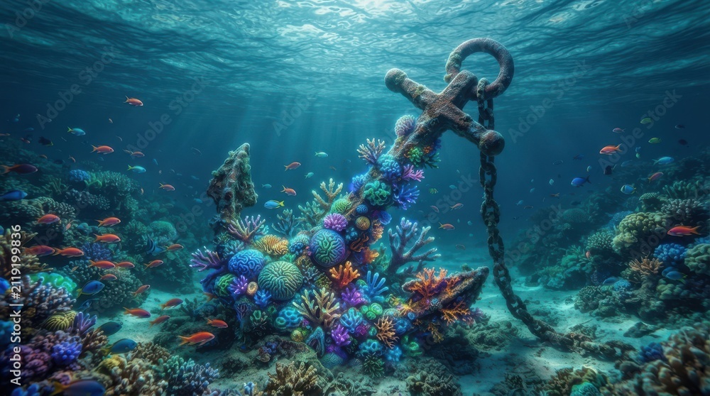 Fototapeta premium Old ship anchor covered with coral reef underwater