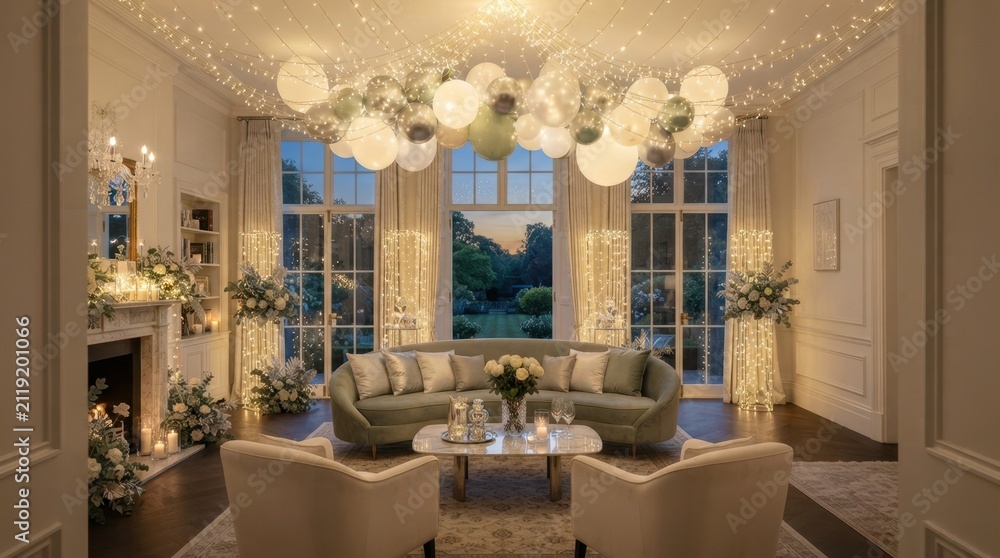 Obraz premium Elegant living room decorated with balloons and fairy lights for a special occasion