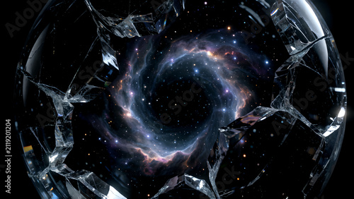 Abstract view of a deep space galaxy through a shattered glass sphere.