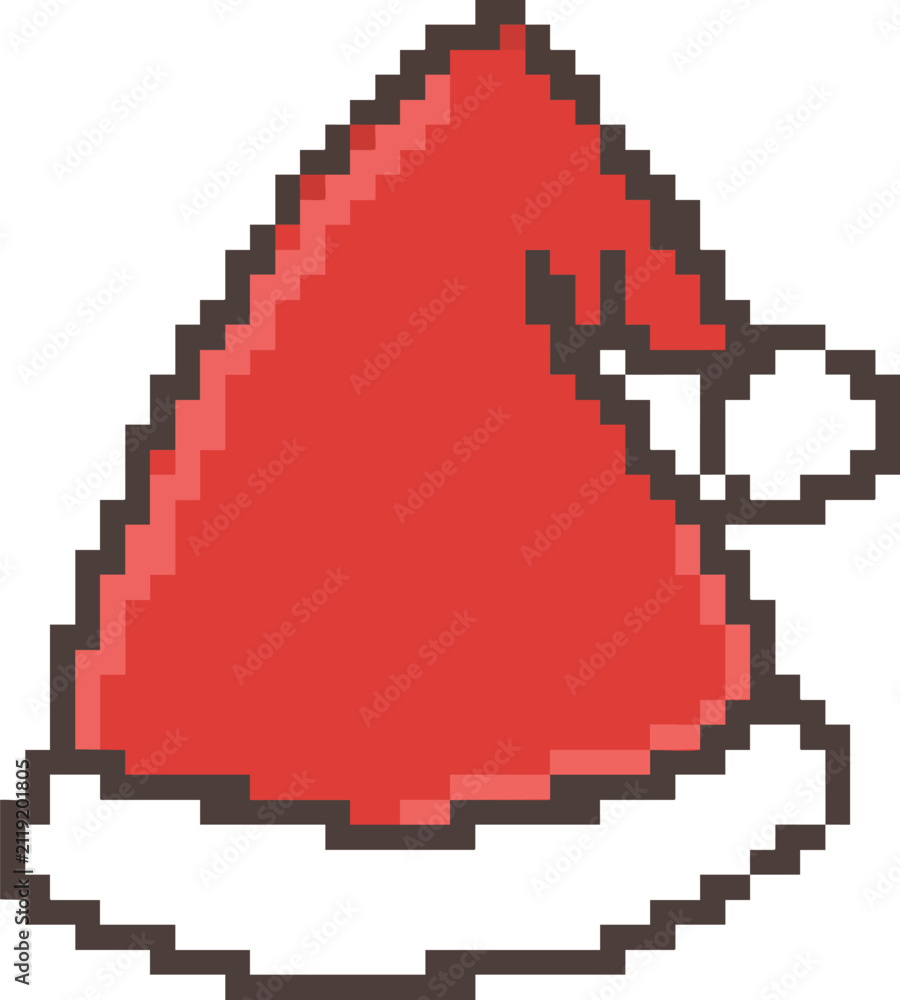 Fototapeta premium Pixel art classic red and white Santa Claus hat icon for Christmas holiday, vector graphic element for postcard design, greeting card, digital sticker, paper craft, printable art