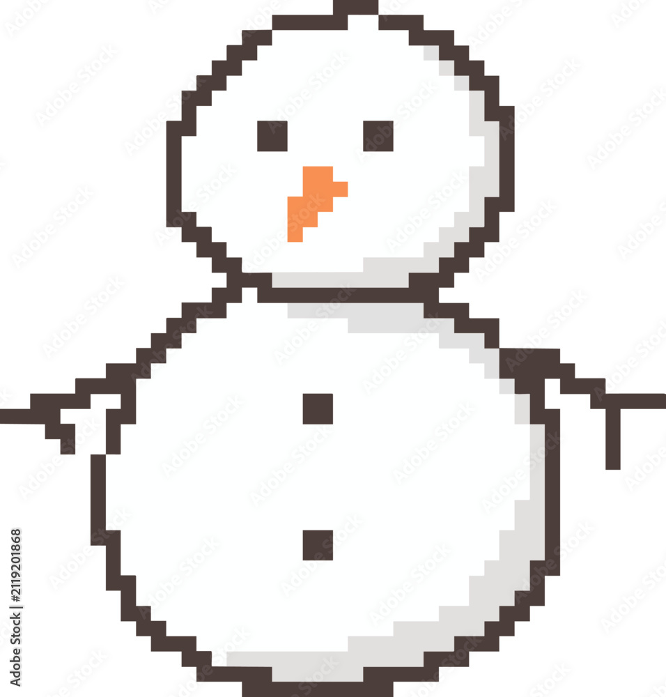 Fototapeta premium Pixel art cute cartoon white snowman character with wooden twig arms for Christmas holiday, vector graphic element for postcard design, greeting card, digital sticker, paper craft, printable art