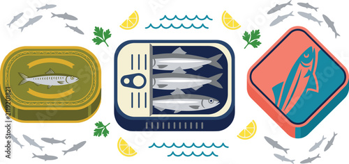 Canned fish vector element collection featuring open tin of sardines premium anchovies mackerel packaging design lemon slices parsley and marine wave decorations