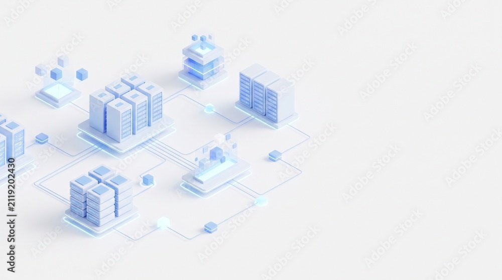 Obraz premium 3D isometric cloud computing server network and data center infrastructure with copy space