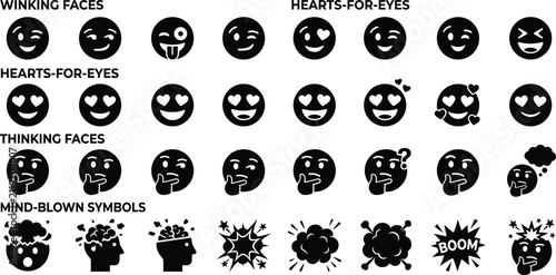 Quadro su tela Set of emoji silhouette icons including winking faces, hearts for eyes, thinking