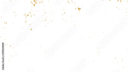 Abstract golden dust particles and scattered glitter flakes on a solid white background creating a luxury festive texture overlay for holiday celebration designs.