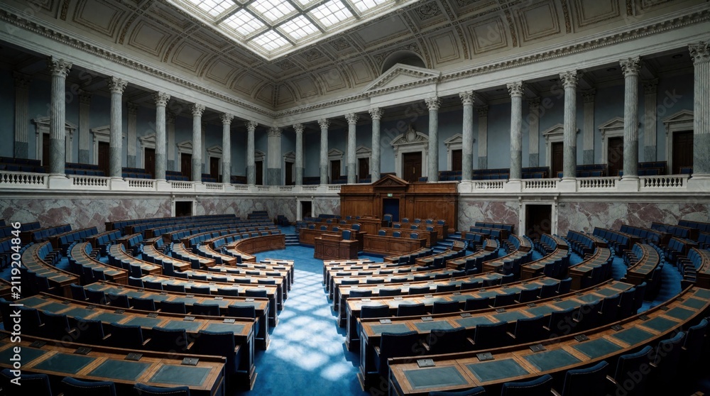 Fototapeta premium Empty legislative chamber with rows of blue seats facing wooden podiums. Grand classical architecture features marble columns, skylight ceiling. Formal assembly hall awaits attendees for important